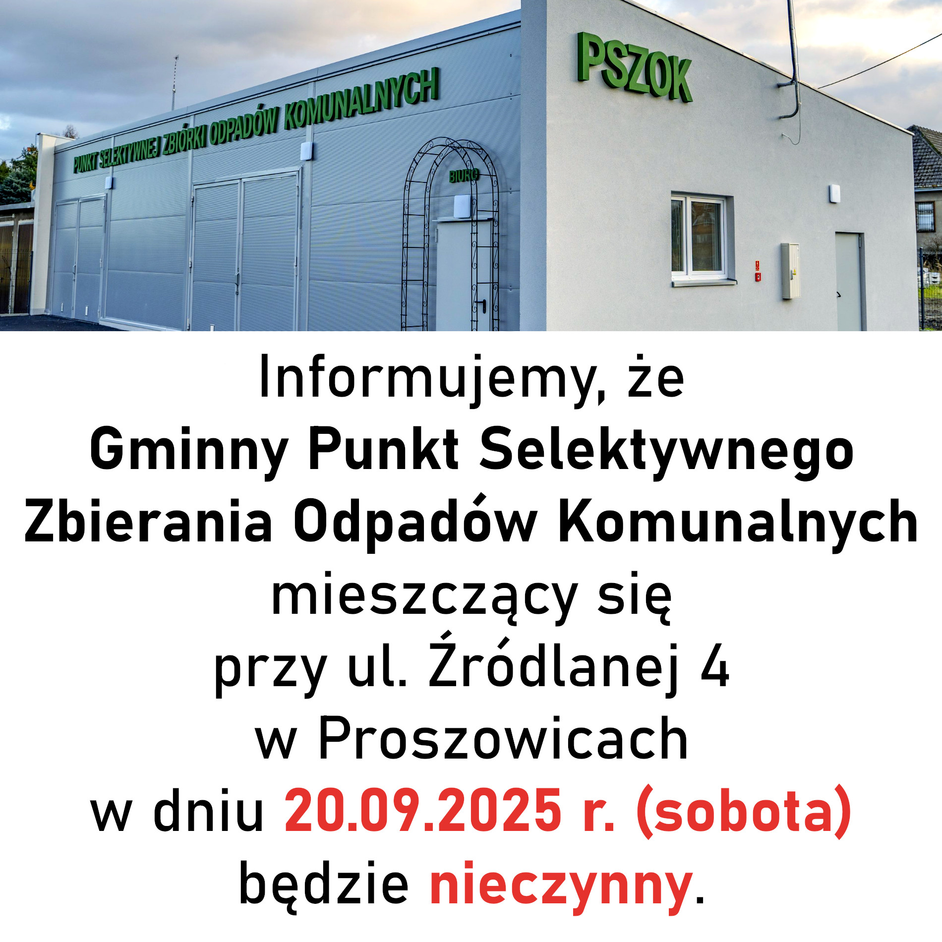 Grafika informacyjna - PSZOK nieczynny 20.09.2025 r.
