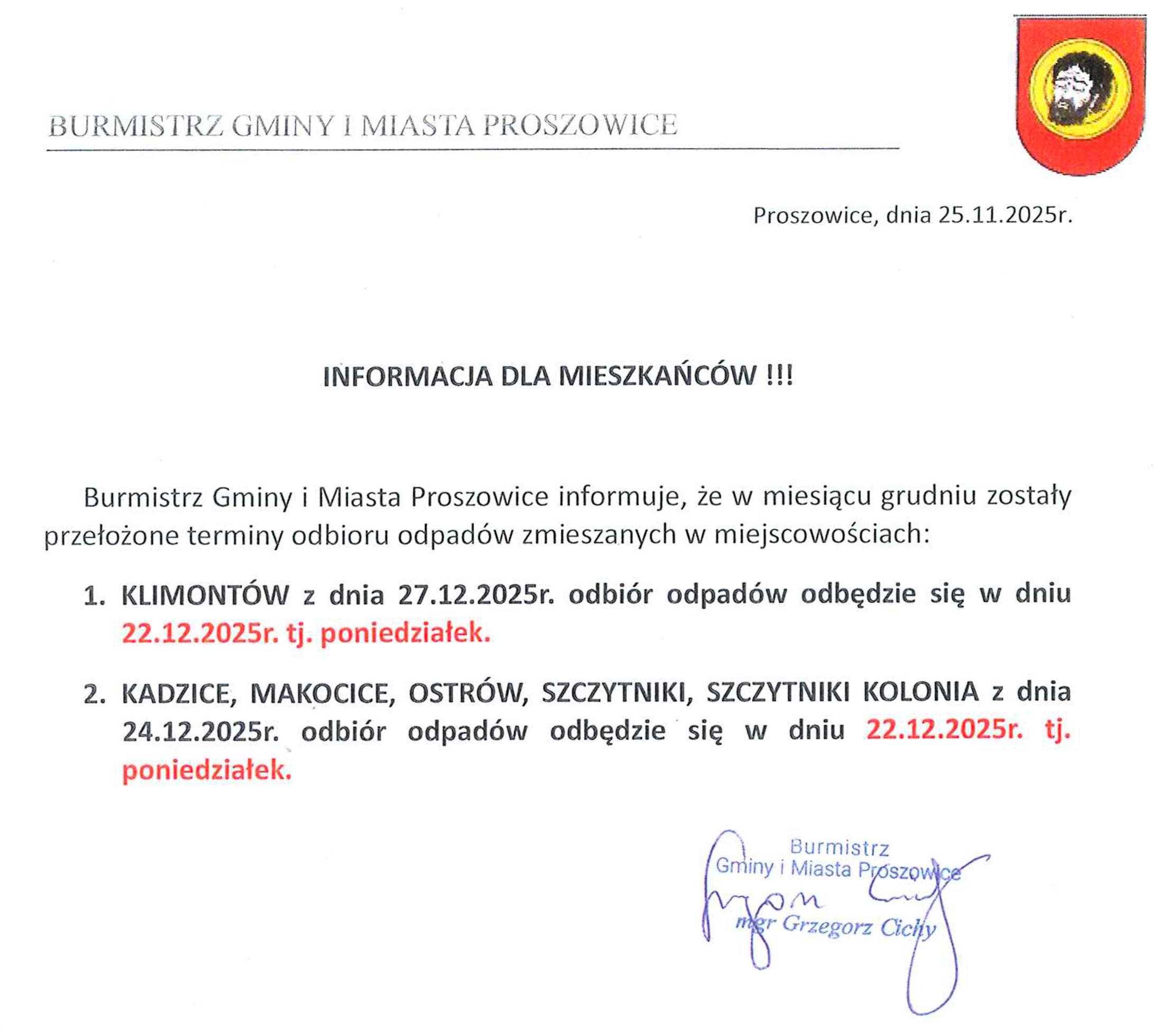 Informacja dla mieszkańców w sprawie przełożenia terminów odbioru odpadów.