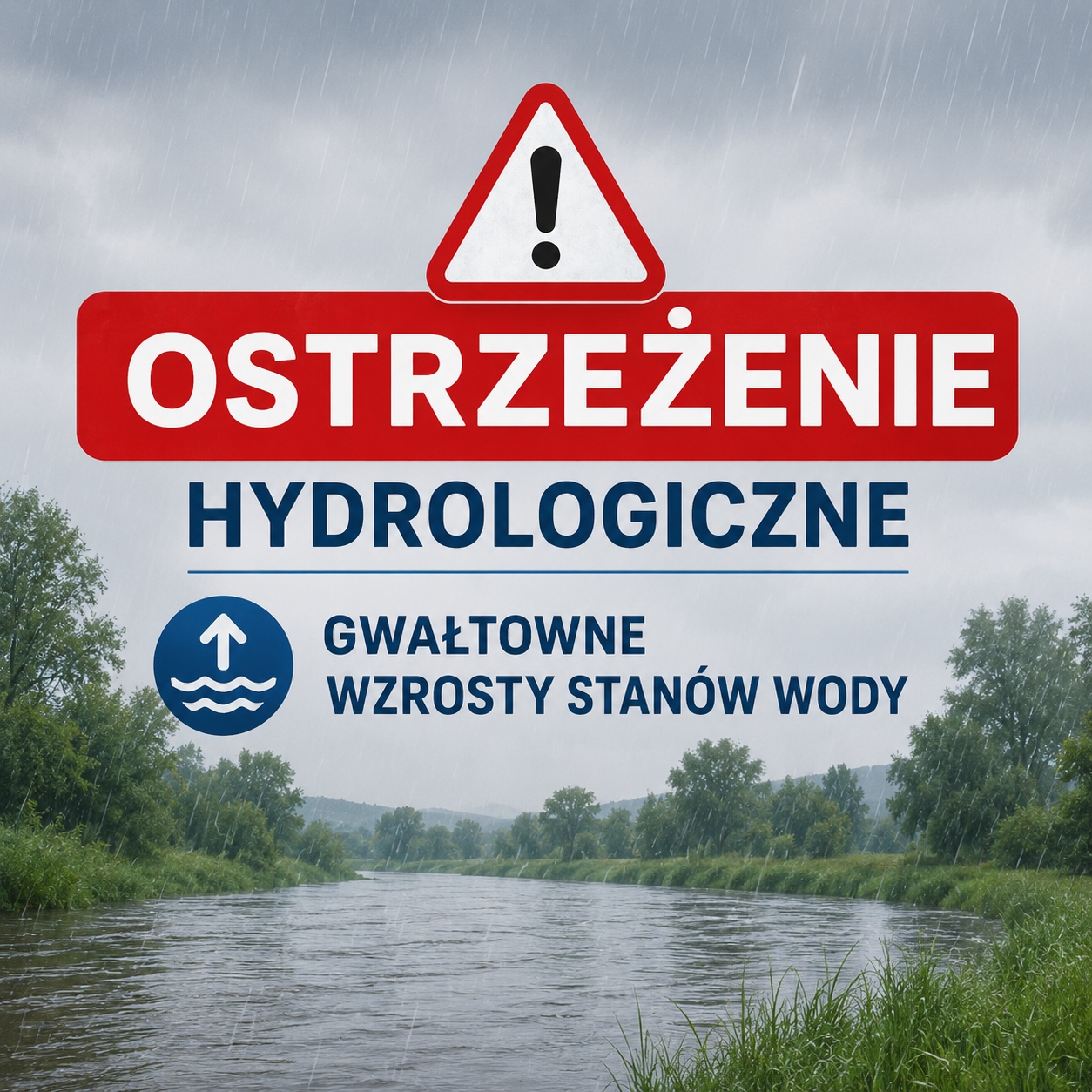 Grafika z napisem: ostrzeżenie hydrologiczne - gwałtowne wzrosty stan&oacute;w wody.