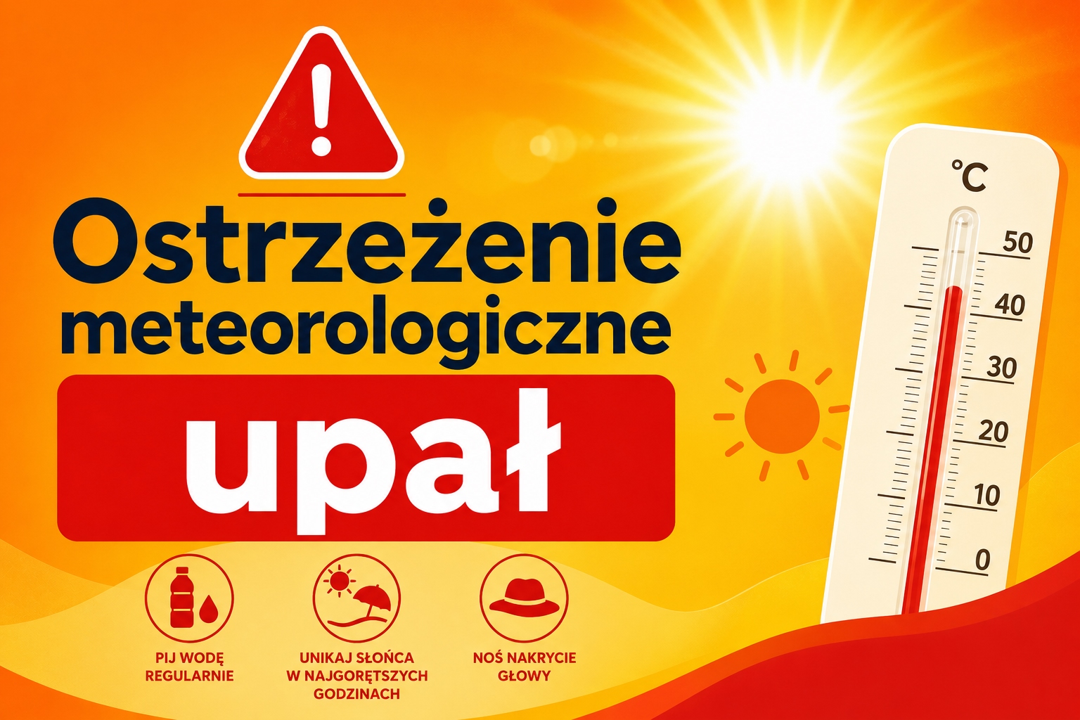 Grafika z napisem: ostrzeżenie meteorologiczne - upał. Grafika z napisem: ostrzeżenie meteorologiczne - upał.