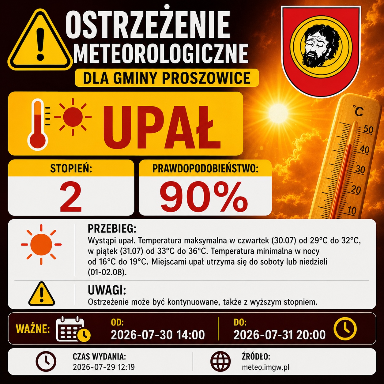 Grafika informacyjna, ostrzeżenie meteorologiczne - upał. Grafika informacyjna, ostrzeżenie meteorologiczne - upał.