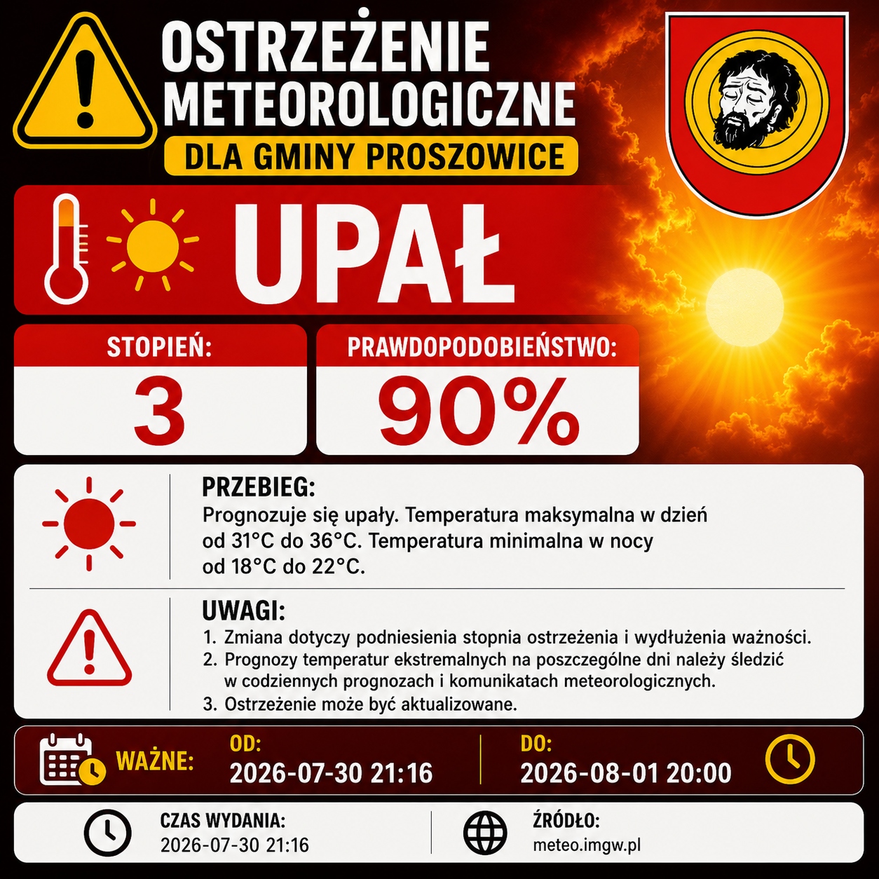 Grafika informacyjna, ostrzeżenie meteorologiczne - upał. Grafika informacyjna, ostrzeżenie meteorologiczne - upał.
