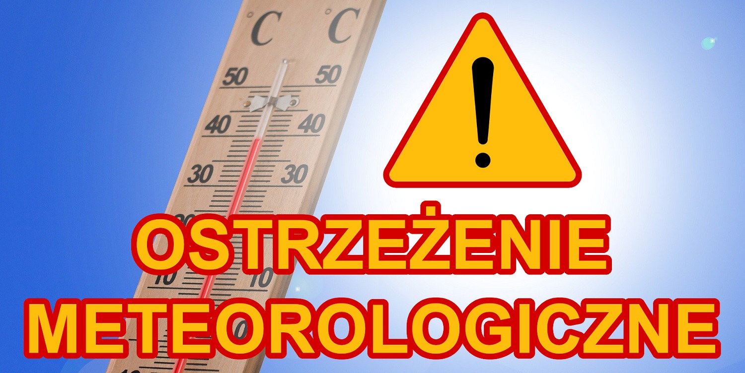 Napis ostrzeżenie meteorologiczne na tle zdjęcia termometru oraz słonecznego nieba