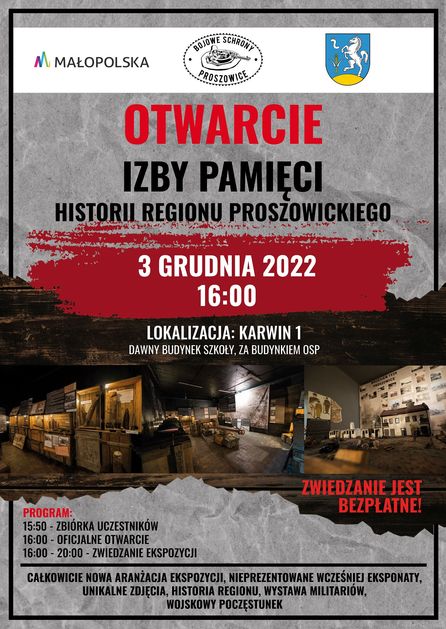 Plakat promujący otwarcie Izby Pamięci Regionu Proszowickiego w Karwinie.