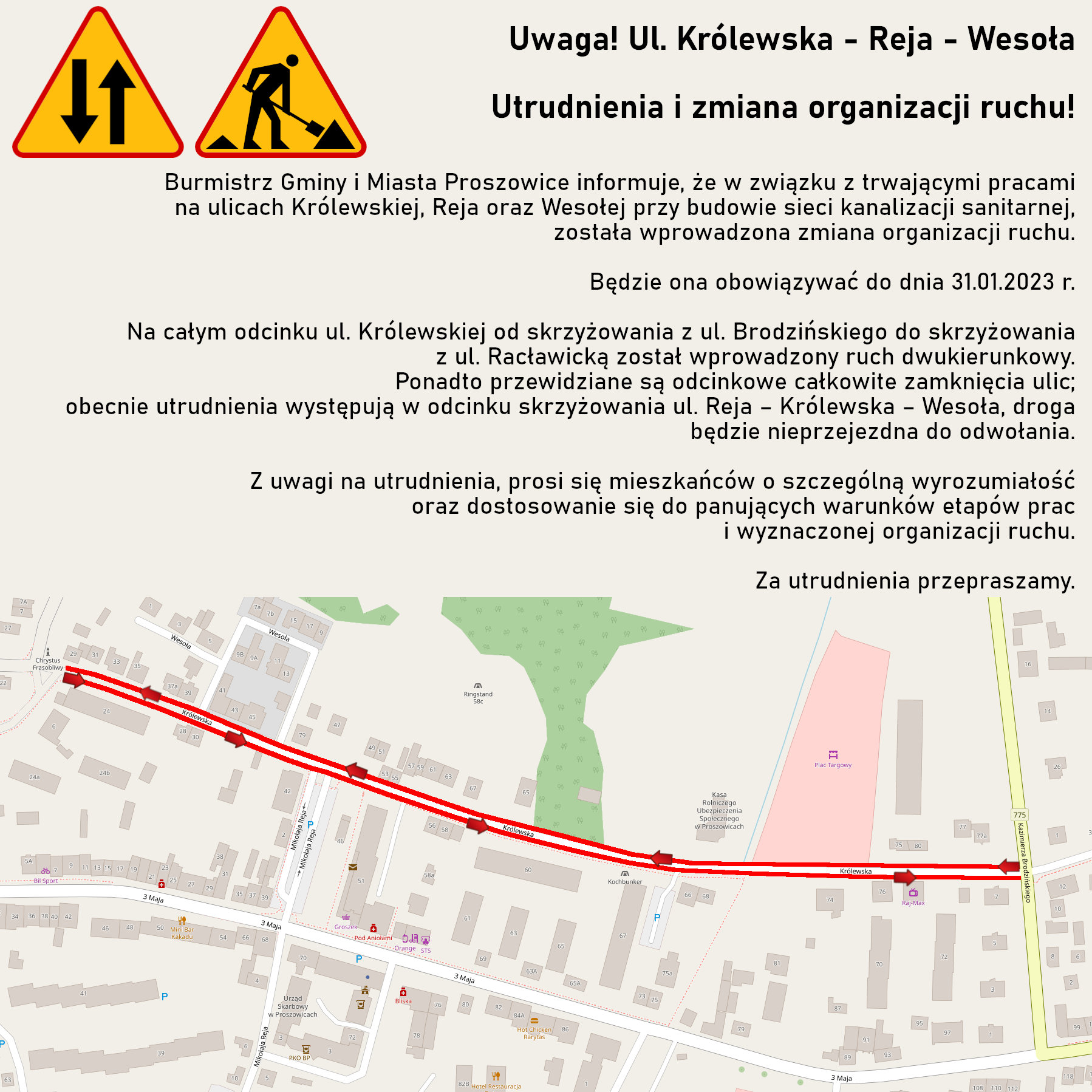 Grafika informująca o utrudnieniach i zmianie organizacji ruchu na ulicach Królewskiej, Reja oraz Wesołej.