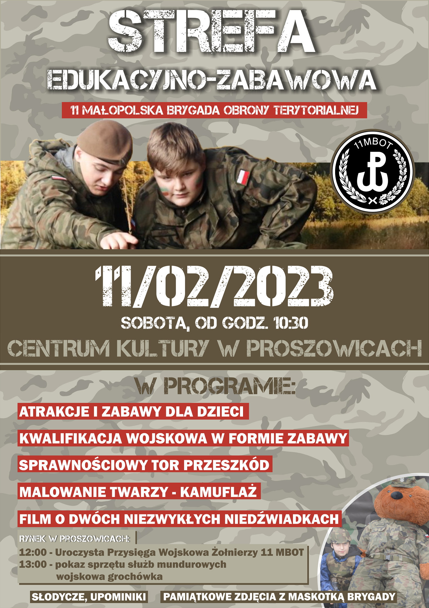 Plakat zachęcający do odwiedzenia strefy edukacyjno-zabawowej 11 Małopolskiej Brygady Obrony Terytorialnej.