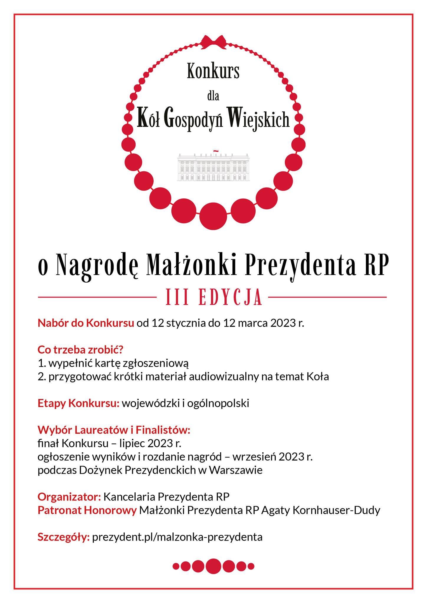 Plakat promujący III edycję Konkursu dla Kół Gospodyń Wiejskich o Nagrodę Małżonki Prezydenta RP.