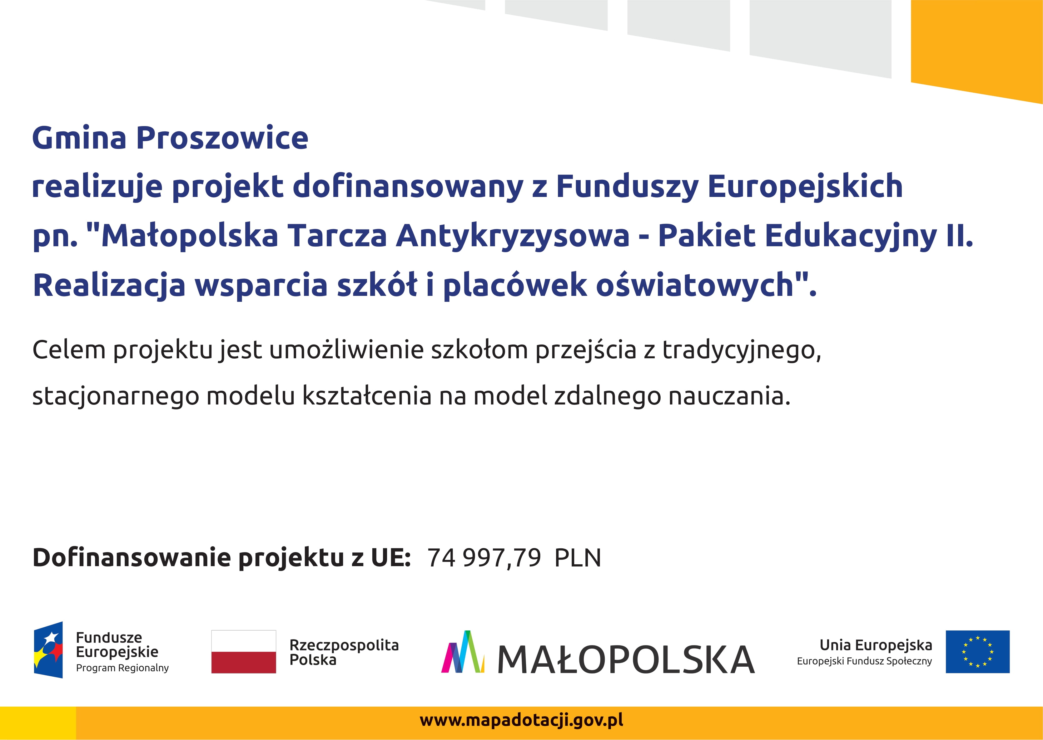 Plakat informujący o udziale Gminy Proszowice w projekcie dofinansowanym z Funduszy Europejskich.