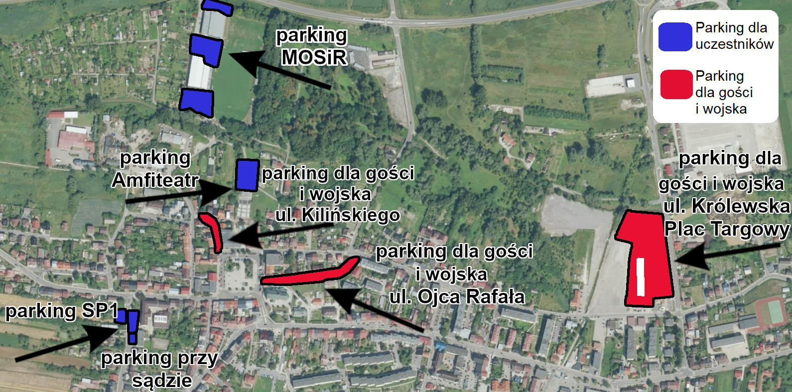 Mapa parkingów podczas Uroczystej Przysięgi Wojskowej Żołnierzy 11 Małopolskiej Brygady Obrony Terytorialnej.