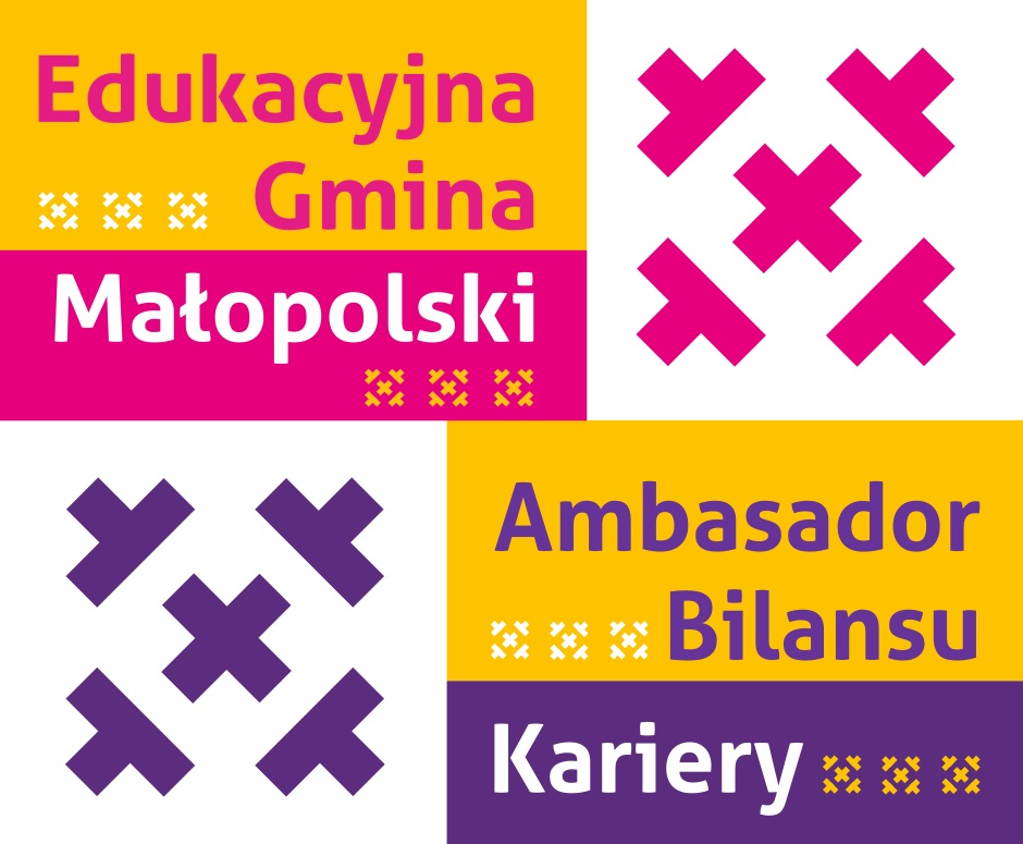 Połączone w jeden banner logotypy konkursów: Edukacyjna Gmina Małopolski oraz Ambasador Bilansu Kariery.