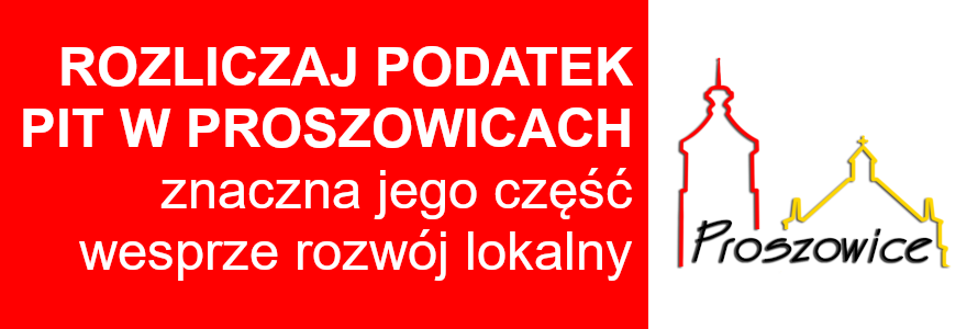 Logo Proszowic oraz napis ''rozliczaj podatek PIT w Proszowicach, znaczna jego część wesprze rozwój lokalny''.