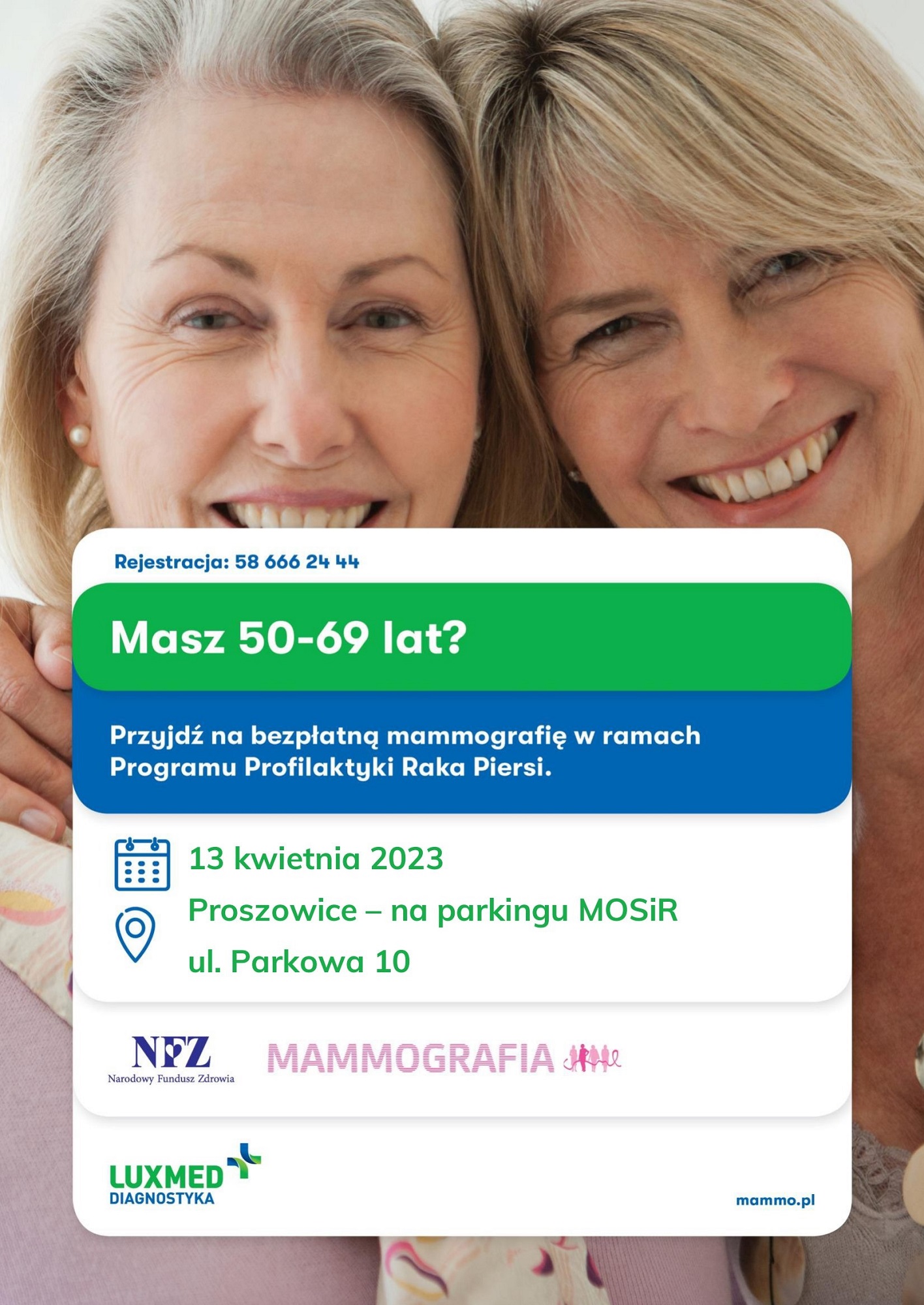 Plakat promujący bezpłatne badania mammograficzne dla Pań w wieku 50 - 69 lat.