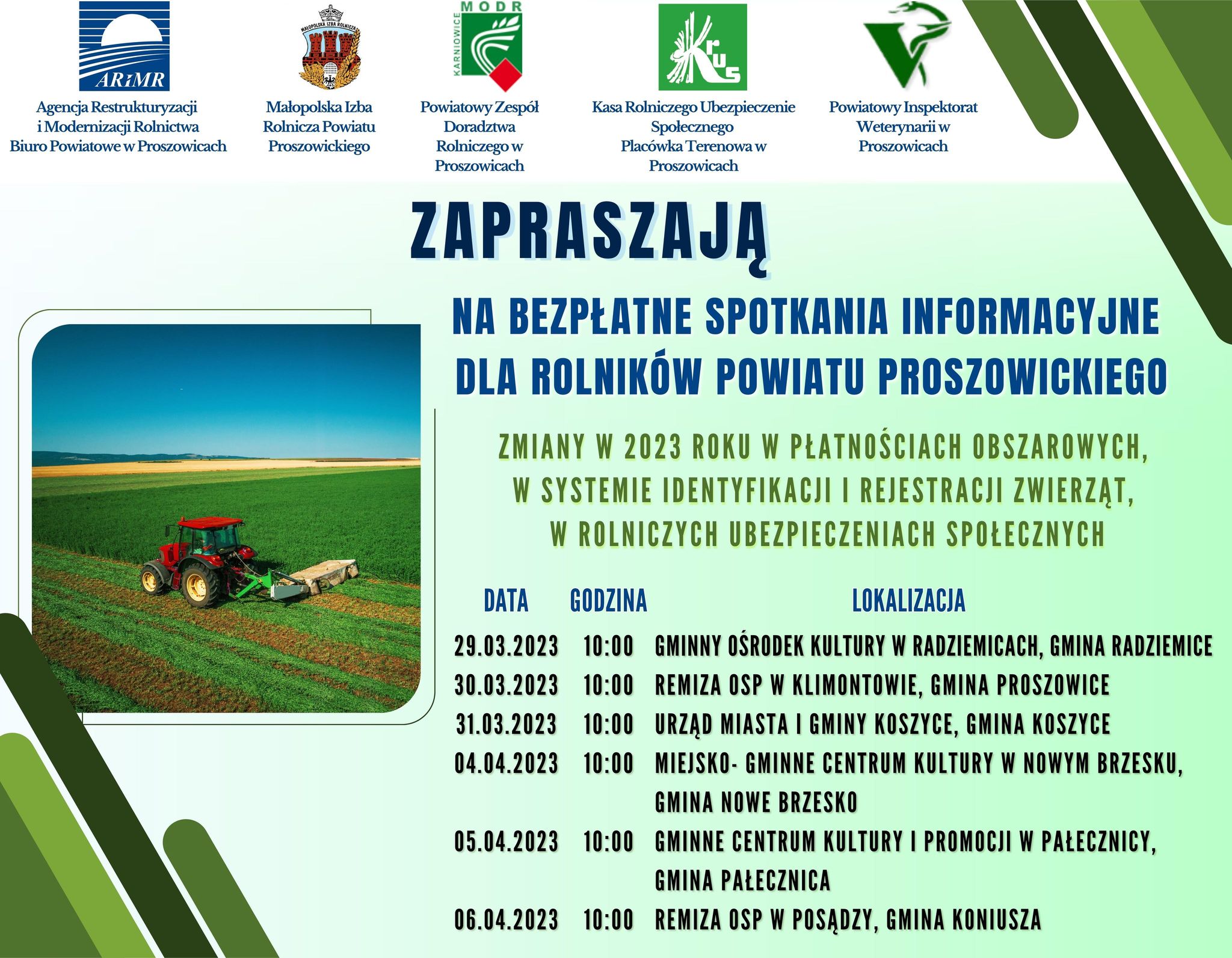Zaproszenie na bezpłatne spotkania informacyjne dla rolników Powiatu Proszowickiego.