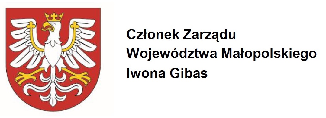 Herb województwa małopolskiego oraz napis: Członek Zarządu Województwa Małopolskiego Iwona Gibas.